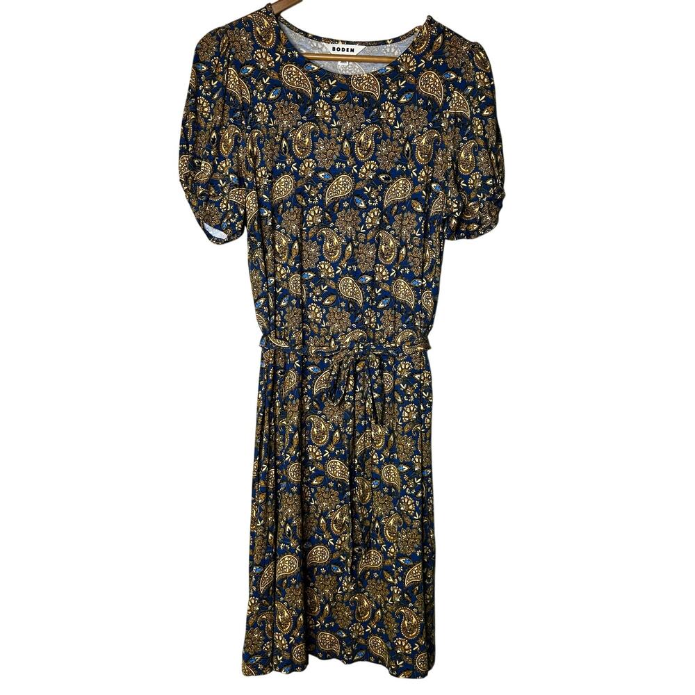 Boden Dress‎ Size 10 Jersey Paisley Blue Gold Waist Tie Preppy Minimalist